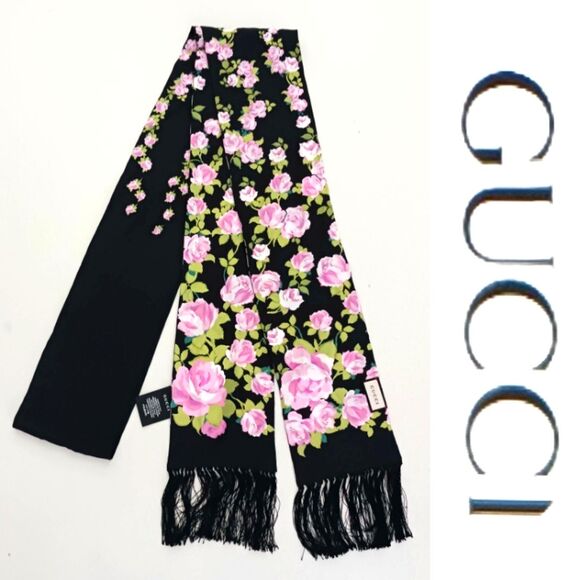 GUCCI 100% Silk Long Pink Floral Print Scarf Blk Fringe Made in Italy 5X106 - Picture 1 of 11